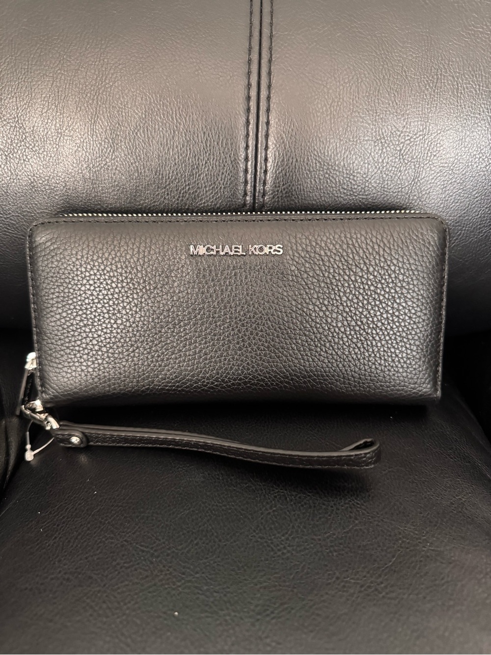 NEW Michael Kors Black Leather Zip-Around Wristlet with Silver Hardware